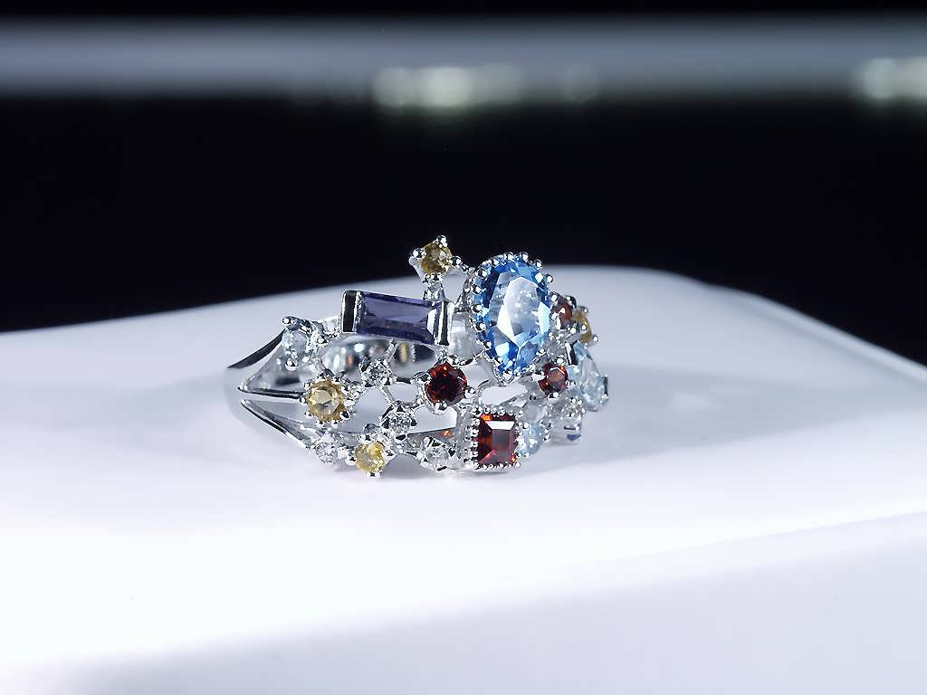  Diamond Blue Topaz Garnet Amethyst Aqua Citrine Sapphire Ring