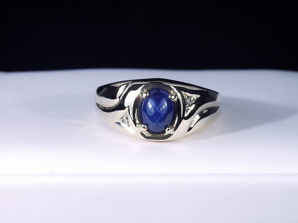 10K Yellow Gold Mens Blue Star Sapphire Diamond Ring Vintage Looks 